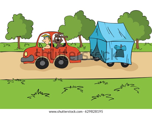 The trailering.\
Driver with a dog ride in the car with a tent on the trailer.\
Cartoon vector\
illustration.