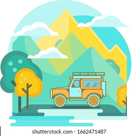 Trailering exterior. Escena de primavera con montajes, lago, césped verde y pista de recogida. Ilustración vectorial cuadrada editable para publicación, plantilla de banner. Aislado en peso.