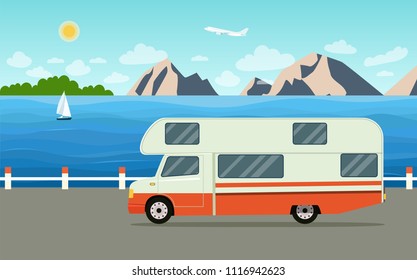  Caravana de Avances en vacaciones de fin de semana. Paisaje de mar de verano. Ilustración de estilo plano de Vector