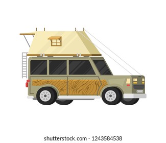 Trailers or family RV camping caravan. Tourist bus and tent for outdoor recreation and travel. Mobile home truck. Suv Car Crossover. Tourist transport, road trip, recreational vehicles.