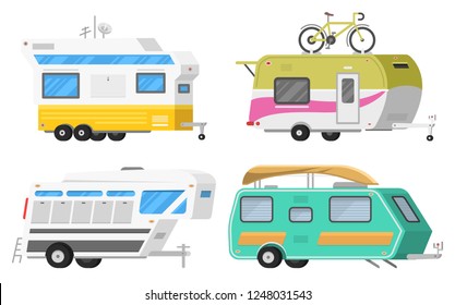 Trailers or family RV camping caravan. Tourist bus and tent for outdoor recreation and travel. Mobile home truck. Suv Car Crossover. Tourist transport, road trip, recreational vehicles.