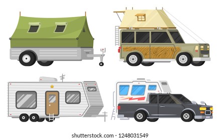 Trailers or family RV camping caravan. Tourist bus and tent for outdoor recreation and travel. Mobile home truck. Suv Car Crossover. Tourist transport, road trip, recreational vehicles.