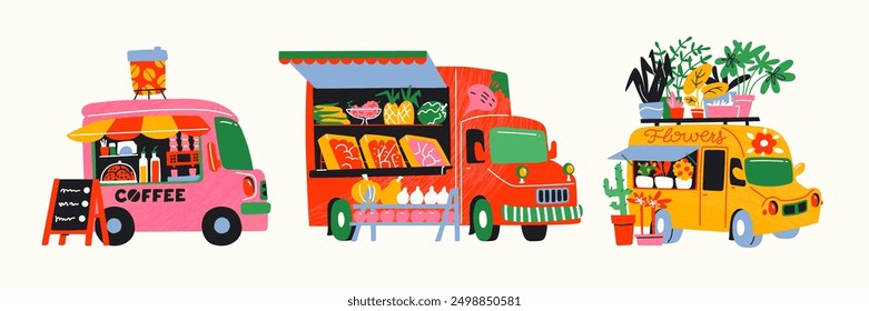 Trailers with street food stalls. Cartoon van car shops sell coffee, flowers, vegetables and fruits. Farmers market, street fair. Bus shop with organic products in cartoon retro style