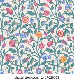 Trailing floral seamless pattern on beige background. Indian floral style pattern. For textile, wallpaper, packaging, DIY projects.