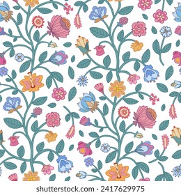 Trailing multicoloured floral seamless pattern on white background. Indian floral style pattern. For textile, wallpaper, packaging, DIY projects.
