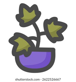Trailing vine plant with large leaves in a purple pot. Great for whimsical illustrations, botanical themes, and cute craft designs. Ideal for home decor visuals.