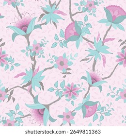 Trailing Vines of Fantasy Flowers in Shades of Pinks with Teal Green Leaves on a Pale Pink Background creating a seamless pattern print