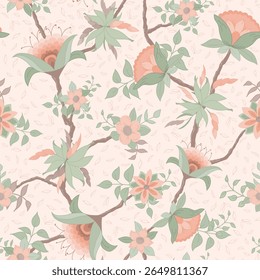 Trailing Vines of Fantasy Flowers in Shades of Oranges with Sage Green Leaves on a Pale Peach Background creating a seamless pattern print