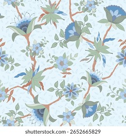 Vinhas à direita de flores de fantasia em tons de azuis com folhas verdes sábias em um fundo azul pastel criando uma impressão padrão sem costura