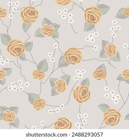 Trailing Vines of Yellow Ochre Roses and White Flowers on a Soft Gray Background creating a seamless pattern print background
