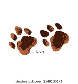 Trails of African lion with inscription. Traces of wild animal icon. Print of paws, claws on ground. Tracks, footprints, foot silhouettes of big cat. Flat isolated vector illustration on white.