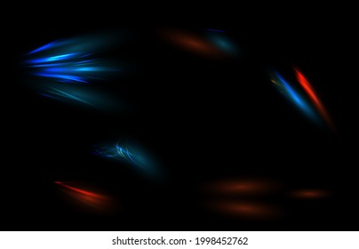 Traza el movimiento de la luz. Efecto de color de las luces rojas y azules de alta velocidad, desenfoque del movimiento nocturno. Perspectiva de flash abstracta futurista rayas de luz de carretera, vector de exposición de largo tiempo aislado conjunto