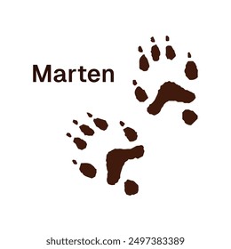 Trails of marten with inscription. Icon of sable traces. Print of predator paws with claws on ground. Silhouettes of wild animals' tracks. Flat isolated vector illustration on white background