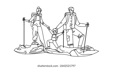 trails parents hiking mountains vector. summit outdoors, family exploration, fitness scenery trails parents hiking mountains character. people black line pencil drawing illustration