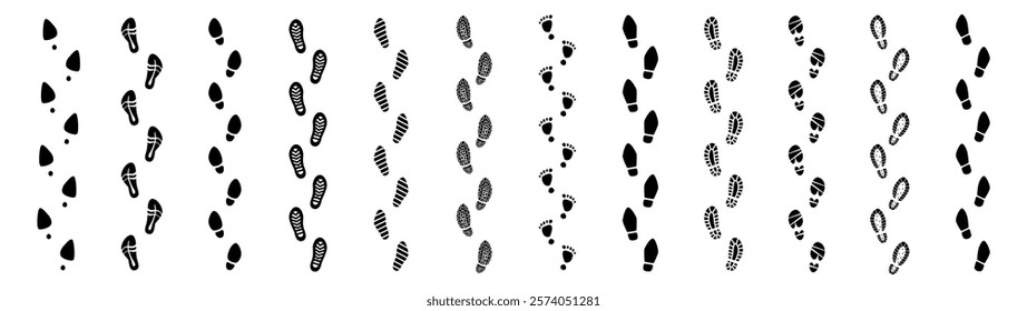 Trails of various human footprints. Vector isolated lines of male and female footwear steps. Human footmark silhouettes. Women and men shoes tracks. Barefoot and stilettos, sneaker and boot footsteps