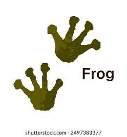 Wanderwege des wilden Frosches mit Inschrift. Symbol der Krötenspuren. Druck von amphibischen Webbettpfoten auf dem Boden. Silhouetten der Spuren von Feuchttieren. Flache, einzelne Vektorgrafik auf weißem Hintergrund