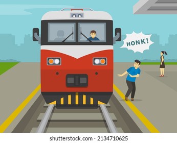 Train is about to hit young inattentive man on platform. Train driver honks to silly male character at railroad station. Railroad safety rules and tips. Flat vector illustration template. 