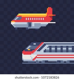 Train and airplane with the color of the flag of Spain. Pixel icon of art. Isolated Vector Illustration. 8-bit sprite. Design stickers, logo, mobile application.