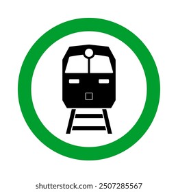 train allowed, locomotive front view silhouette in green circle pictogram, round vector icon