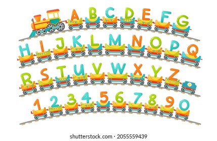 Train alphabet for kid in cartoon style. Capital letters only. Vector ABC letters for children education in school, preschool and kindergarten.
