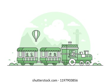 Train in amusement park - thin line design style vector illustration on white background. High quality green colored composition with a vehicle carrying people, couples. Funfair, leisure concept