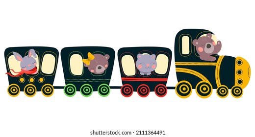 Train with animals in cartoon style. Hare, bear and cat ride the train. Vector illustration on white background. Hand drawing. For print, web design.