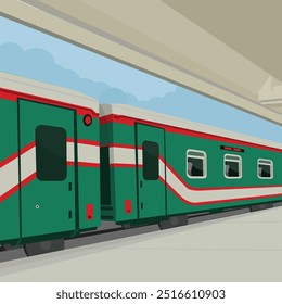O trem chega na estação ferroviária, visão em perspectiva, ilustração vetorial