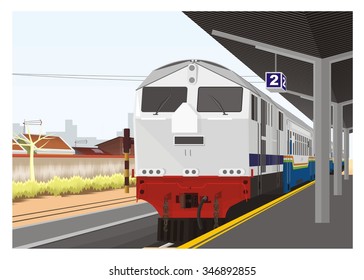 Train Arrive In Railway Station, Perspective View