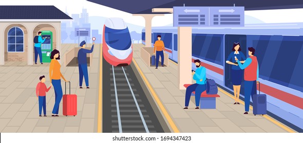 Train arrives at railway station, people waiting on platform, passenger cartoon character, vector illustration. Railroad transport, commuter train departure, urban rail service industry ticket machine