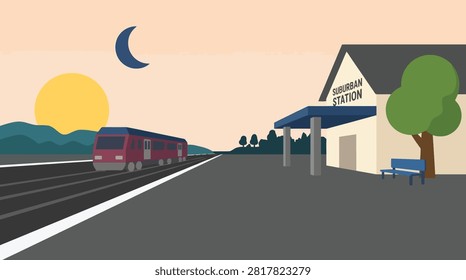 Train arriving at a passenger station during sunset with platform, transportatio