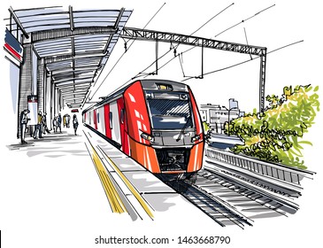 Train arriving at the railway station platform. Hand drawn sketch