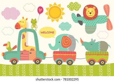 train with baby jungle animals  - vector illustration, eps