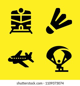 train, badminton, parachute and aeroplane vector icon set. Sample icons set for web and graphic design