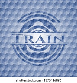 Train blue emblem or badge with abstract geometric pattern background.