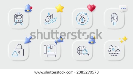 Train, Box size and Ice cream line icons. Buttons with 3d bell, chat speech, cursor. Pack of Web search, Rise price, Change money icon. Travel sea, Lock pictogram. For web app, printing. Vector