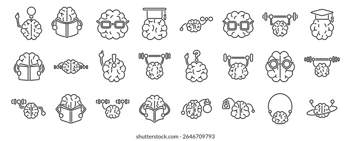  Train brain icons set. Brain activity icons depicting learning, reading, thinking, training, education and more
