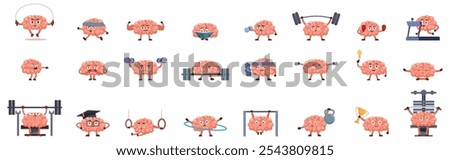 Train brain icons set. Cartoon brains performing various exercises, promoting mental fitness and cognitive health through physical activity