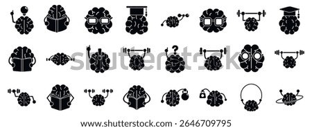  Train brain icons set. Brain training icons depict various mental activities, including reading, exercising, and problem solving, symbolizing cognitive enhancement and learning