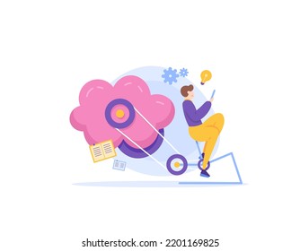 train the brain to strengthen the mind, strengthen the body and mind, strive and learn to be smart. a learner reads a book and pedals. design illustration concept. graphic elements