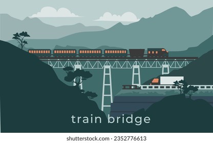 Train bridge landscape nature illustration