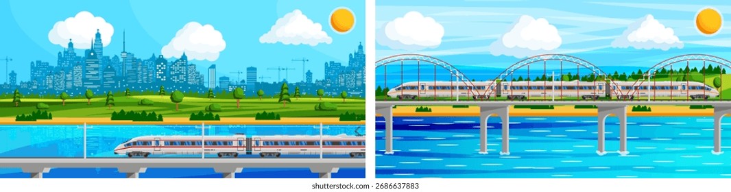 Train bridge over water. Modern city skyline with high speed rail transport. Commuter suburban travel and infrastructure concept.