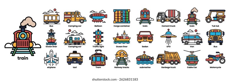 Un tren con un montón de vehículos diferentes. El tren es el foco principal de la Imagen