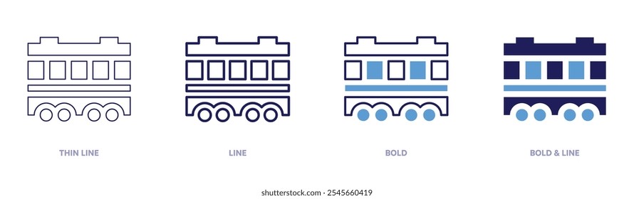 Icono de capacidad de tren en 4 estilos diferentes. Línea delgada, línea, negrita y línea negrita. Estilo duotono. Trazo editable.