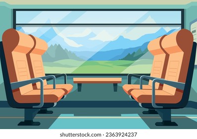 Train car interior in flat style. Cartoon seat in railway transport. Travel and transportation by train. Vector stock