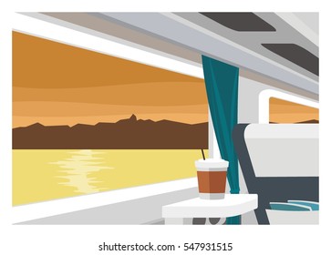 Train Car Interior With Lake/sea Scenery And Mountain Background