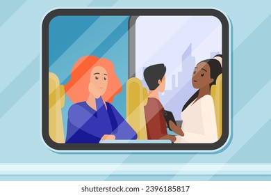 Train car window outside, passengers looking through glass. People travel in wagon, frame of window with male and female characters sitting on seats, holding mobile phone cartoon vector illustration