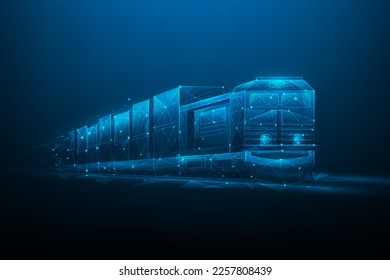 Güterlogistik-Technologie auf blauem, dunklem Hintergrund.  Lieferwagen bestehen aus Linien, Punkten und Dreieck. weltweit verschiffen. Ladungstechnologie. Vektorgrafik fantastisch digital.