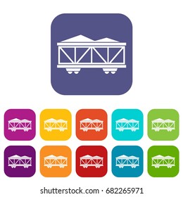 Train cargo wagon icons set vector illustration in flat style in colors red, blue, green, and other