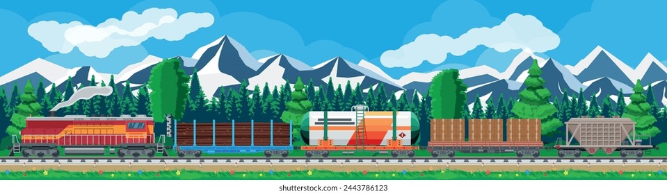 Train with cargo wagons, cisterns, tanks and cars. Railroad freight collection. Nature landscape with trees, hills, forest and clouds. Cargo rail transportation. Flat vector illustration