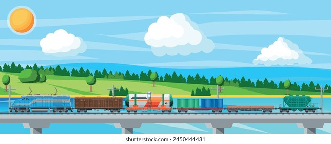 Tren con vagones de carga, cisternas, tanques y coches. Colección de carga ferroviaria. Paisaje de Naturaleza con árboles, colinas, bosques y nubes. Transporte del raíl de carga. Ilustración vectorial plana